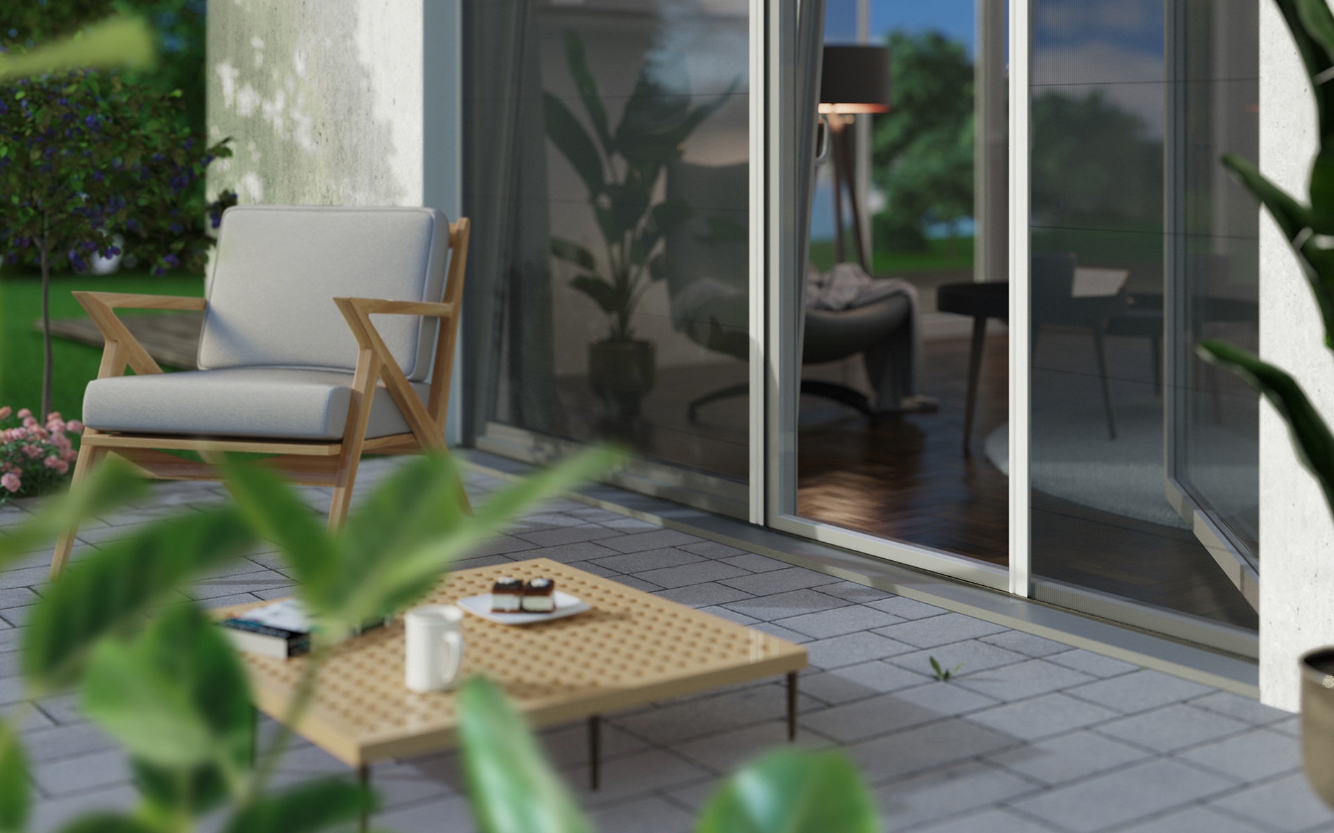 3D Visualisierung, Rendering einer Terrasse mit Gartenstuhl 